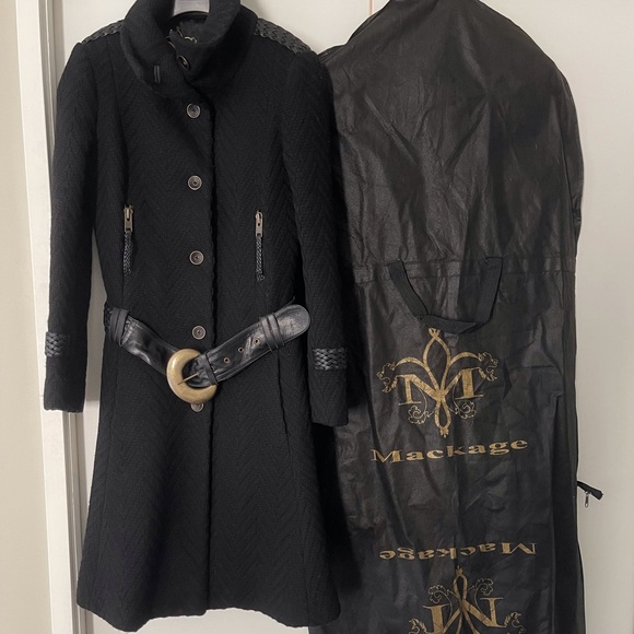 Black Mackage wool coat with leather belt and trims - Picture 1 of 5